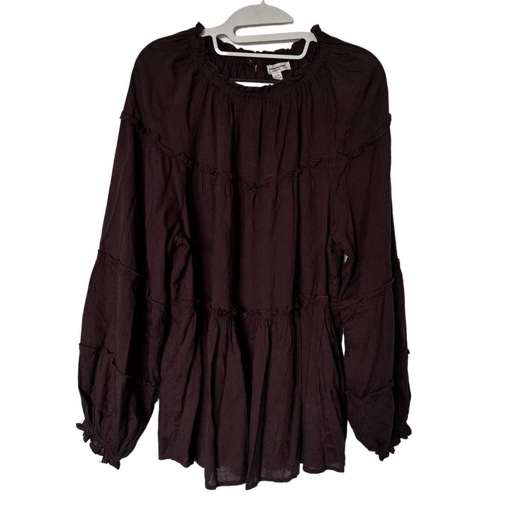 beachlunchlounge Top Womens L‎ Brown Long Sleeve Ruffled Tiered Peasant Cottage